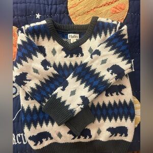 Hatley V-Neck Sweater with Blue and Cream Bear Pattern